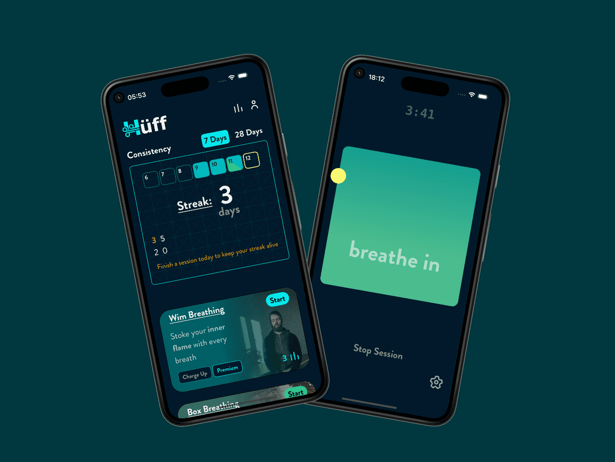 Hüff app screens showing streak tracking and a live breathing session
